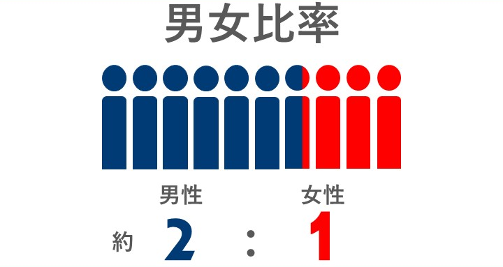 男女比率　約男性2：女性1